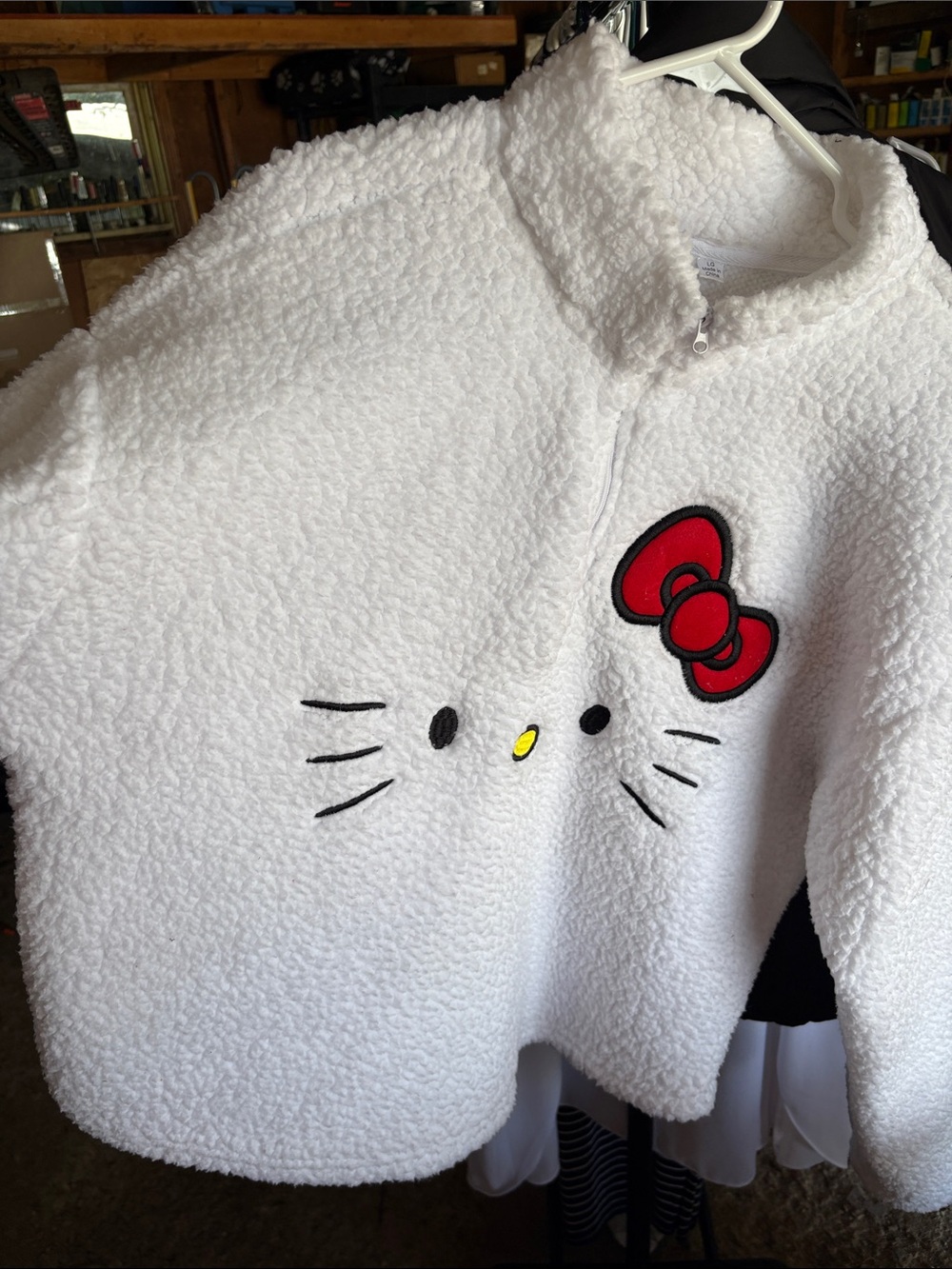 Hello Kitty White Sherpa Pullover with Red Bow and Yellow Nose